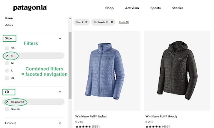 Filters and faceted navigation on Patagonia