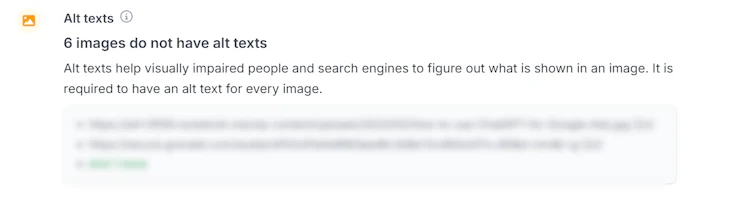 Alt text report in SiteGuru