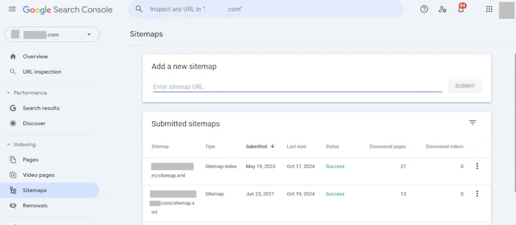 Sitemap status in Google Search Console