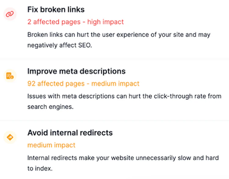 SiteGuru’s site audit tool ordered by impact level