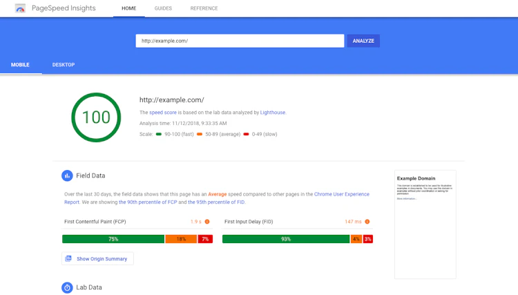 Google PageSpeed Insights example for a mobile page