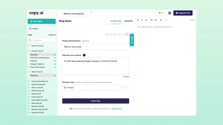 Copy.ai’s blog idea generator