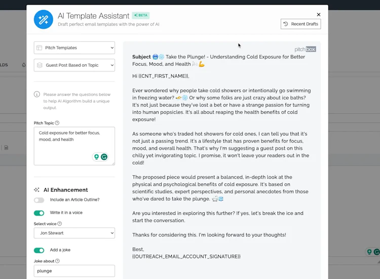 Pitchbox’s AI Template Assistant
