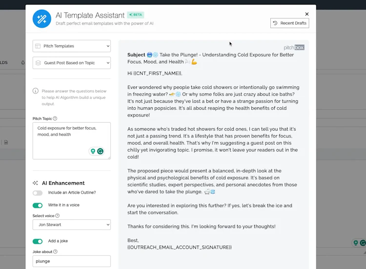Pitchbox’s AI Template Assistant