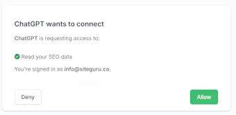 SiteGuru one-click connection screen showing Allow and Deny
