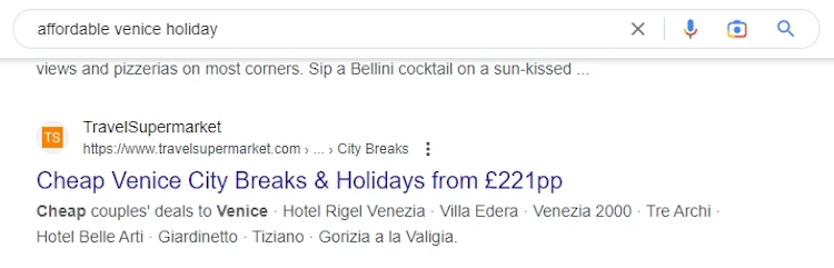 A product page title tag using a descriptor for affordable deals