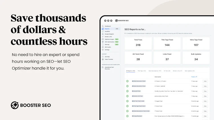 Booster SEO reports page with fixed title tags, meta tags and alt texts