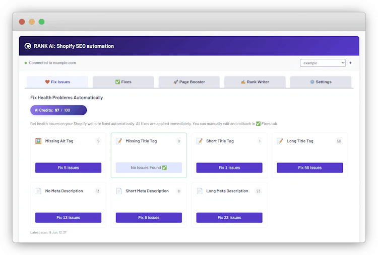 Morningscore pushing an SEO fix to a Shopify product