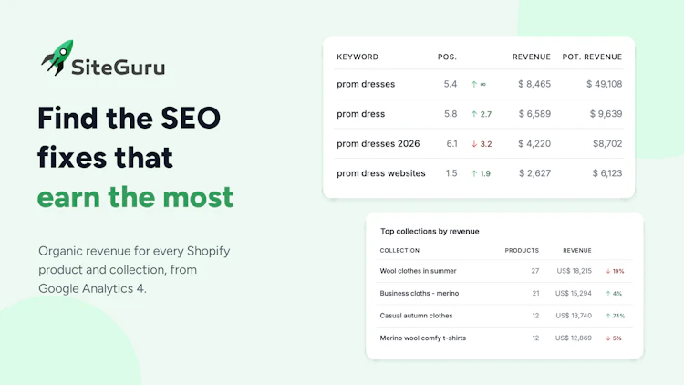 SiteGuru keyword revenue potential and top Shopify collections by revenue