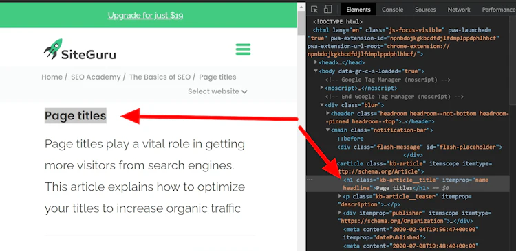 The H1 heading shown at the top of a web page