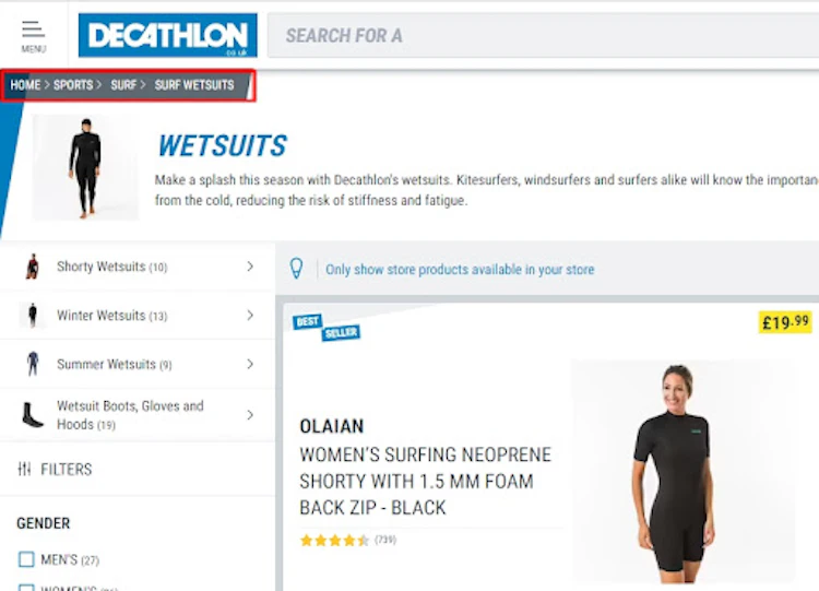 Breadcrumbs on Decathlon website