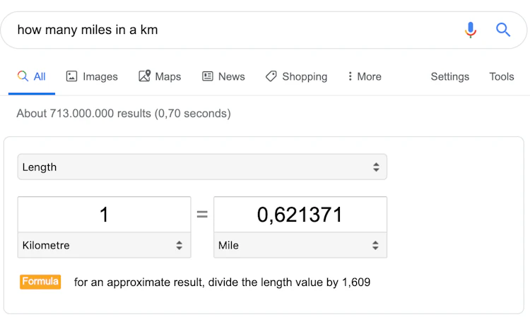 Featured snippet miles to kilometers