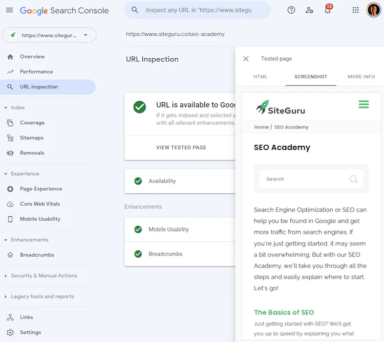 Inspect URL in Google Search Console to find cloaking issues