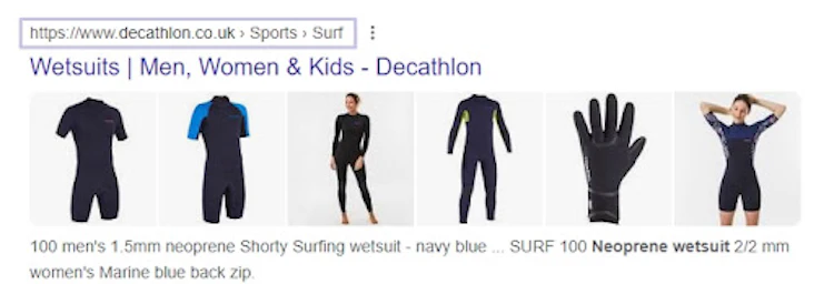 SERP with breadcrumb structured data