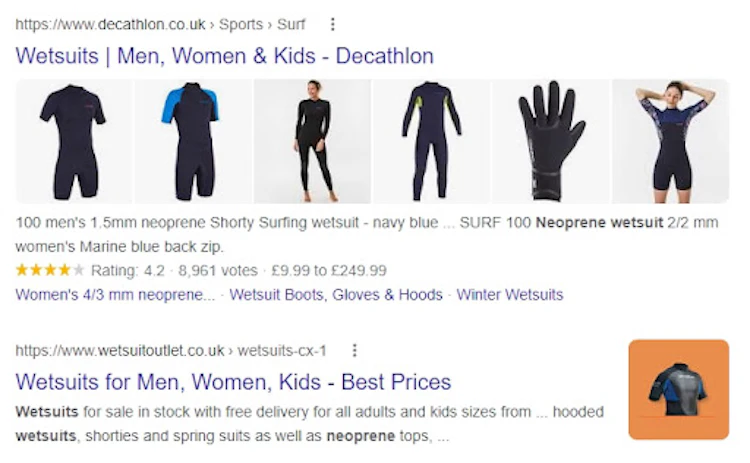 SERP with product structured data